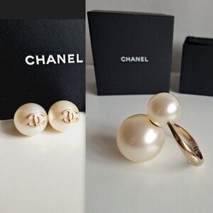 Chanel Faux Pearl Large Round Earrings & Double Pearl Gold Metal Cuff Bracelet